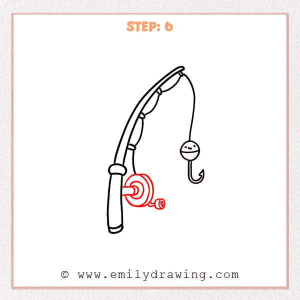 how to draw a fishing pole - Fishing pole drawing with a curved rod, guides, line, bobber, hook, and a round reel added beside the handle.